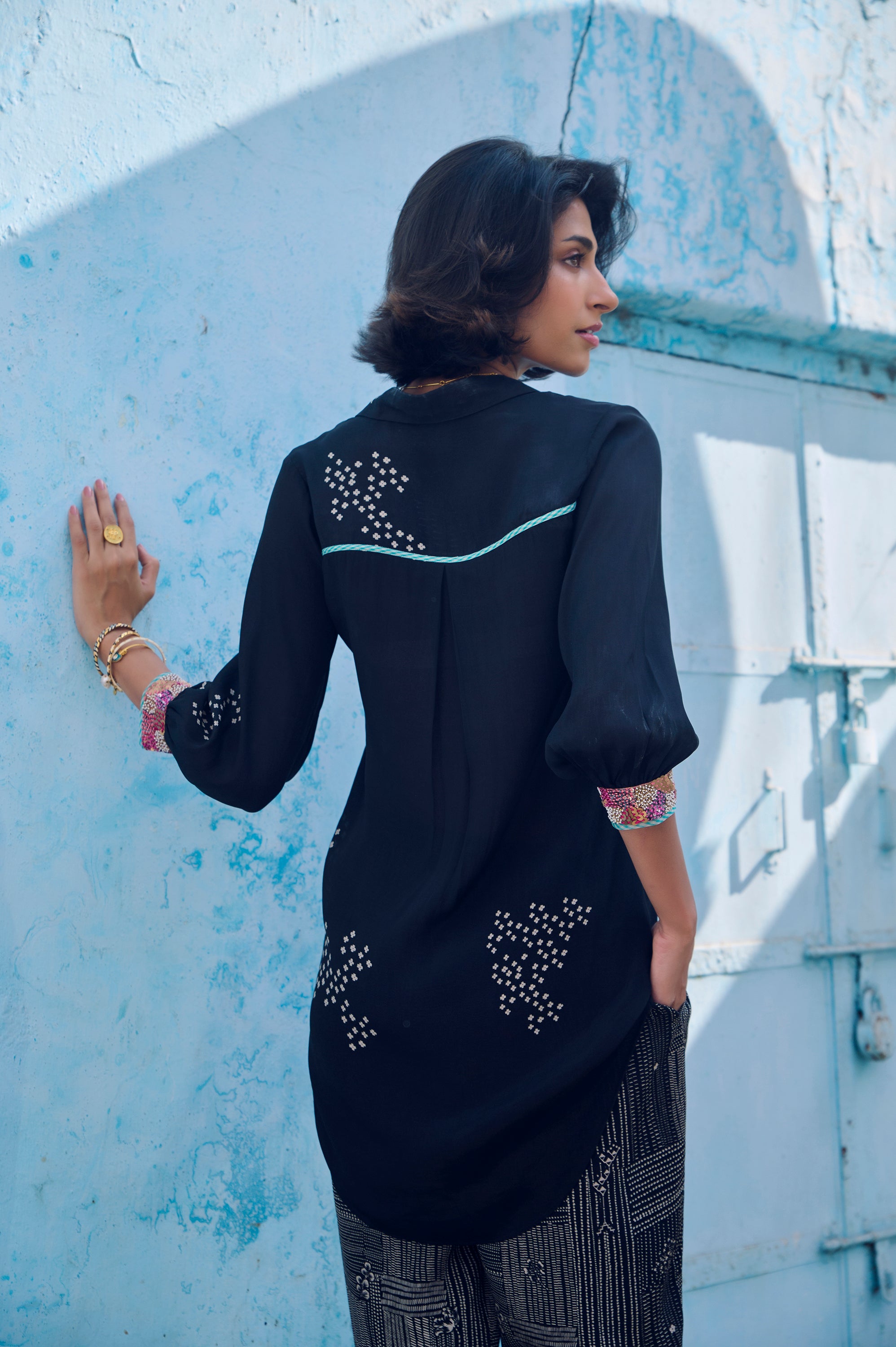 Safar Cuff Embroidered Black Shirt Co-Ord Set