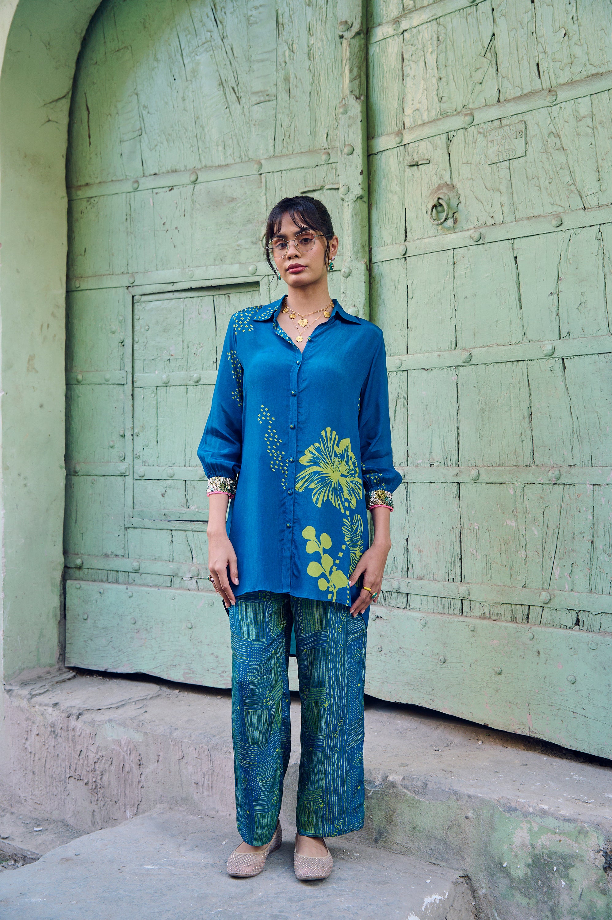 Safar Cuff Embroidered Teal Blue Shirt Co-Ord Set