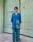 Safar Cuff Embroidered Teal Blue Shirt Co-Ord Set