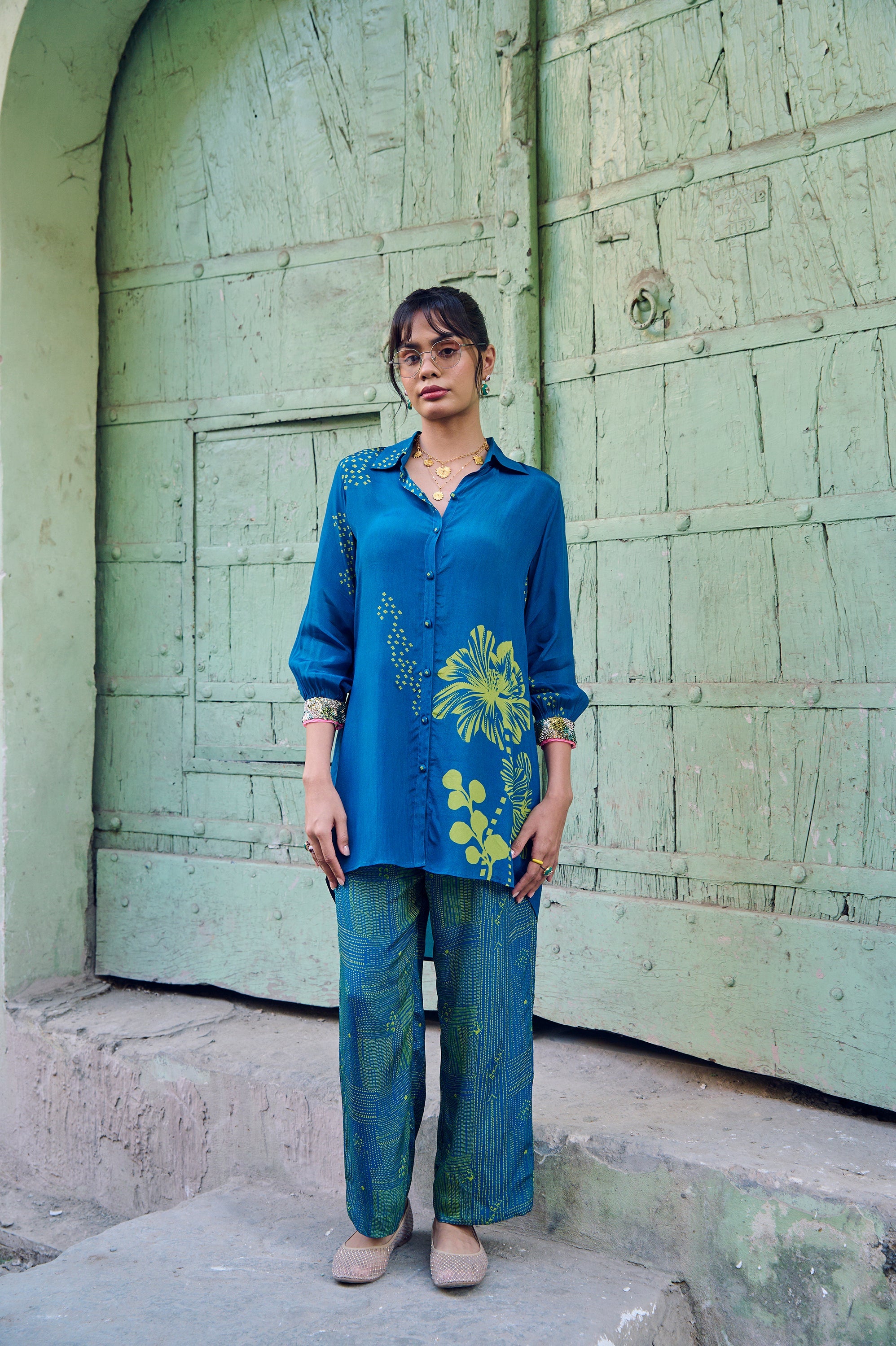Safar Cuff Embroidered Teal Blue Shirt Co-Ord Set