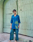 Safar Cuff Embroidered Teal Blue Shirt Co-Ord Set