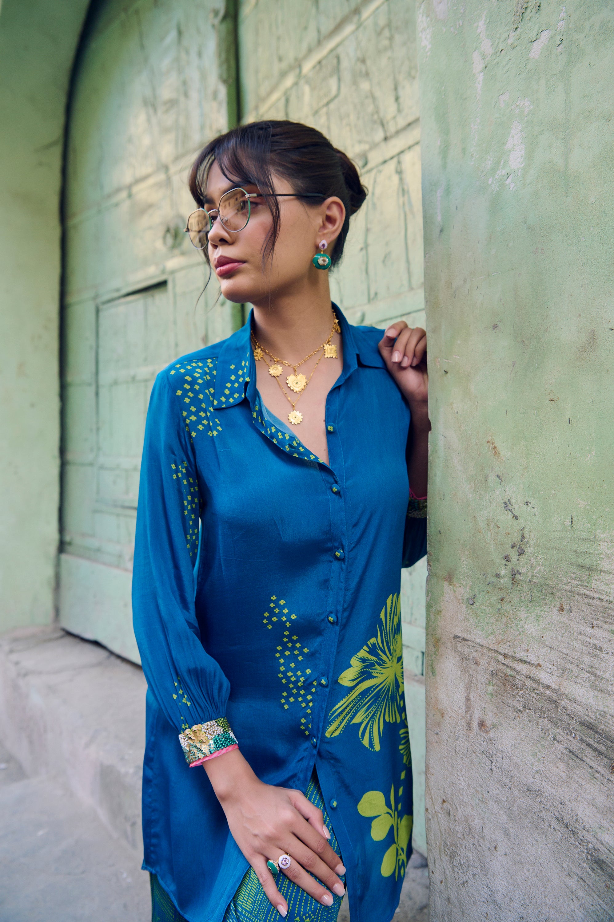 Safar Cuff Embroidered Teal Blue Shirt Co-Ord Set