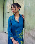 Safar Cuff Embroidered Teal Blue Shirt Co-Ord Set