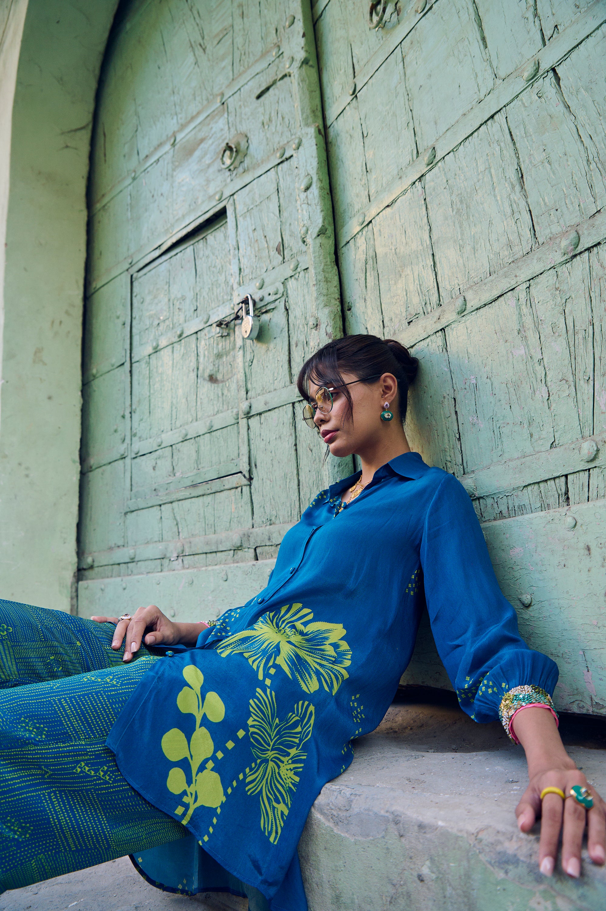 Safar Cuff Embroidered Teal Blue Shirt Co-Ord Set