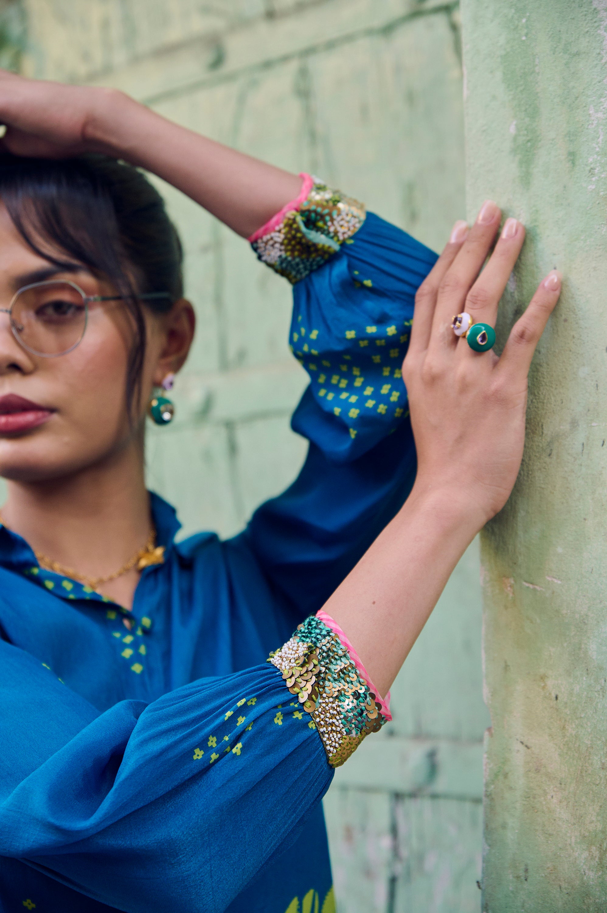 Safar Cuff Embroidered Teal Blue Shirt Co-Ord Set