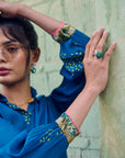 Safar Cuff Embroidered Teal Blue Shirt Co-Ord Set