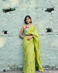 Safar Chanderi Bright Lime Booti Embroidered Saree With Flower Embroidered Stripe Blouse