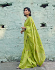 Safar Chanderi Bright Lime Booti Embroidered Saree With Flower Embroidered Stripe Blouse