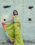 Safar Chanderi Bright Lime Booti Embroidered Saree With Flower Embroidered Stripe Blouse