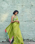 Safar Chanderi Bright Lime Booti Embroidered Saree With Flower Embroidered Stripe Blouse