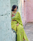 Safar Chanderi Bright Lime Booti Embroidered Saree With Flower Embroidered Stripe Blouse