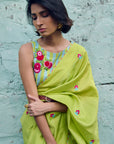 Safar Chanderi Bright Lime Booti Embroidered Saree With Flower Embroidered Stripe Blouse