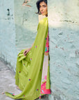 Safar Chanderi Bright Lime Booti Embroidered Saree With Flower Embroidered Stripe Blouse