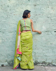 Safar Chanderi Bright Lime Booti Embroidered Saree With Flower Embroidered Stripe Blouse