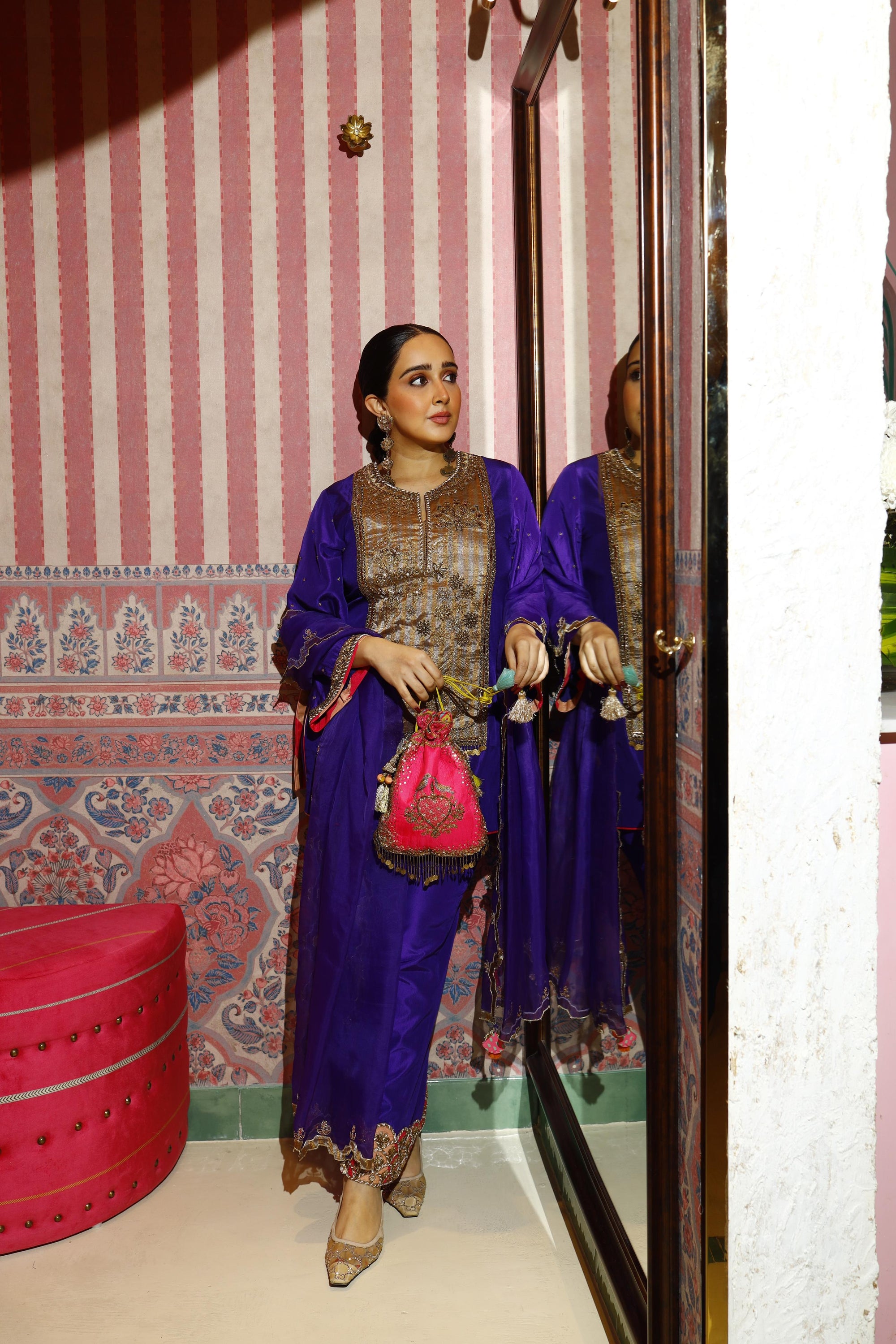 Purple Long Antique Yoke Kurta Set