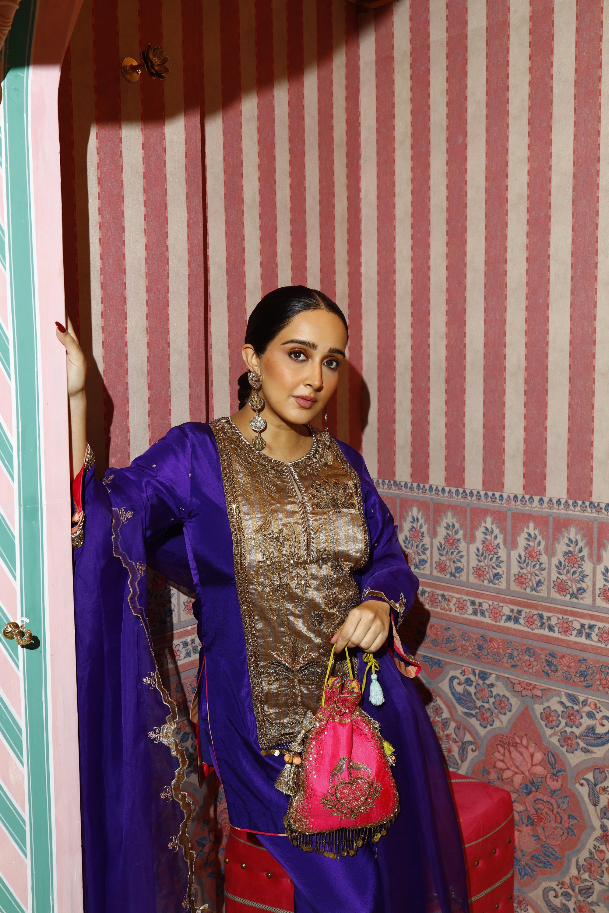 Purple Long Antique Yoke Kurta Set
