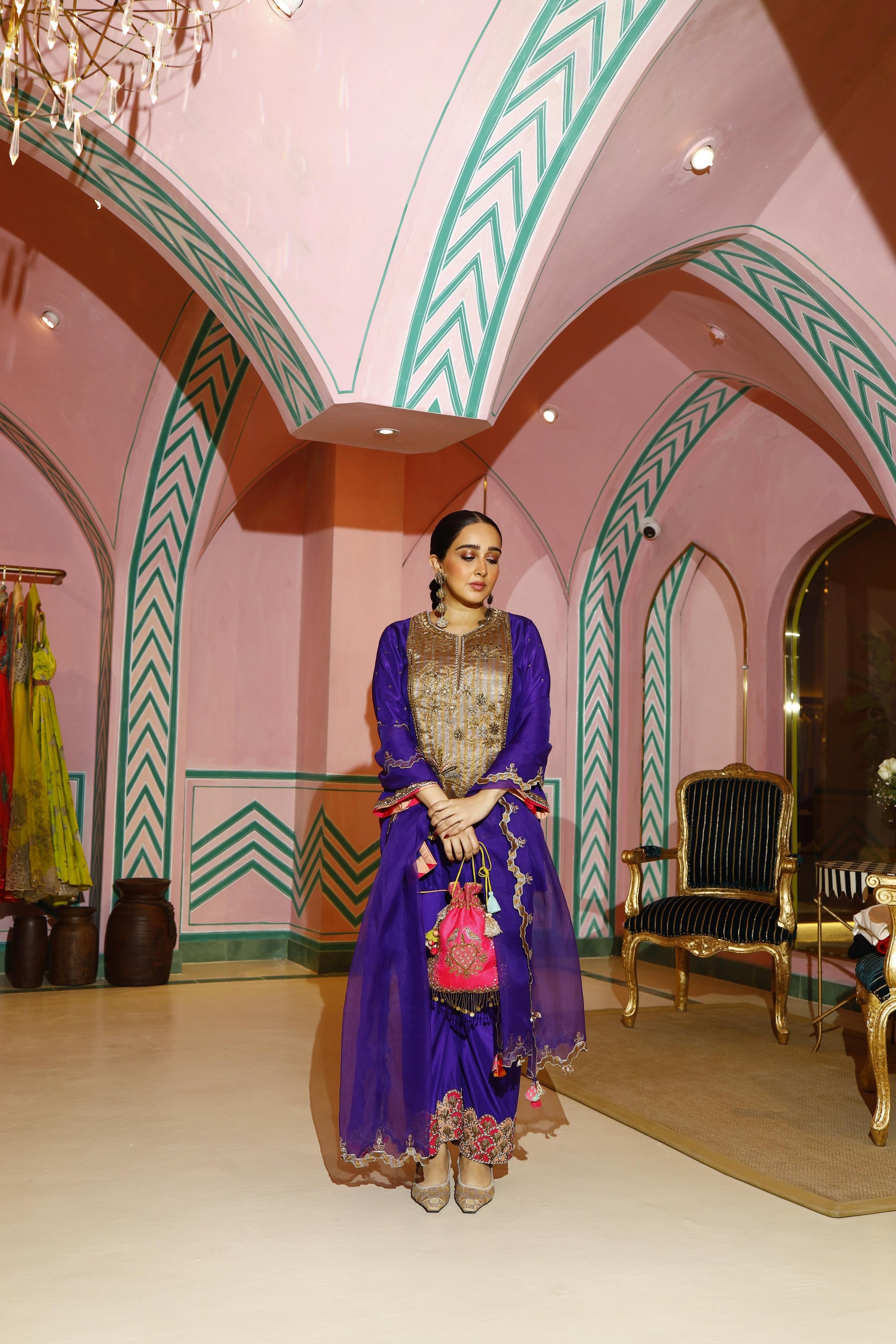 Purple Long Antique Yoke Kurta Set