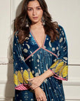Teal Blue Printed Bell Sleeve Silk Velvet Kurta Set