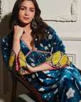 Teal Blue Printed Bell Sleeve Silk Velvet Kurta Set