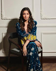 Teal Blue Printed Bell Sleeve Silk Velvet Kurta Set