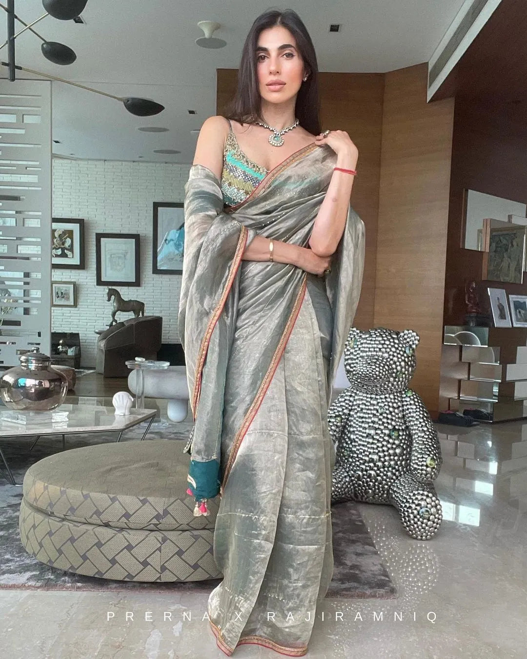 Fariba Teal Tissue Prerna Goel Sari Set