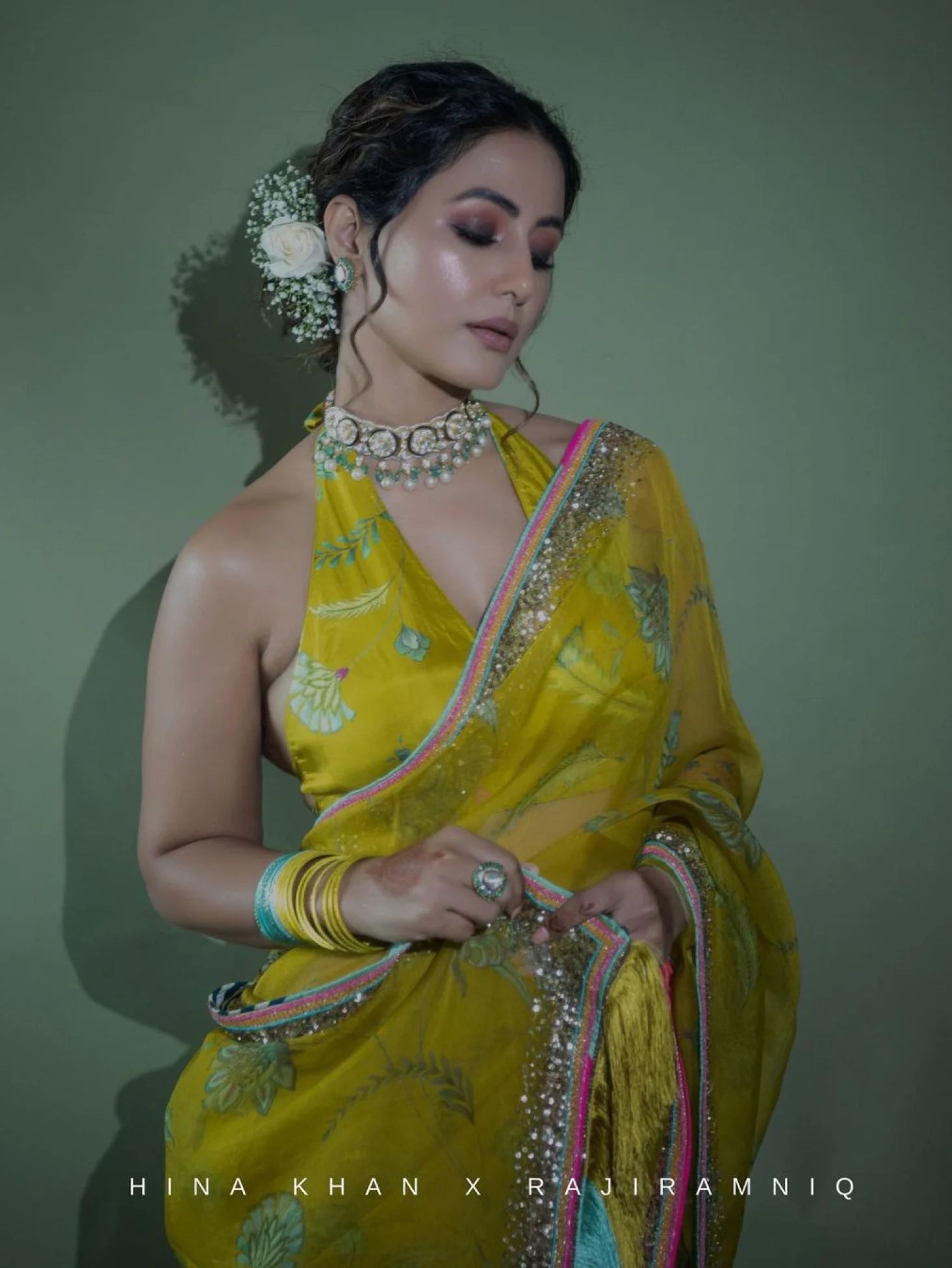 Fariba Lime Yellow Sequin Printed Hina Khan Organza Sari Set