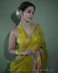 Fariba Lime Yellow Sequin Printed Hina Khan Organza Sari Set