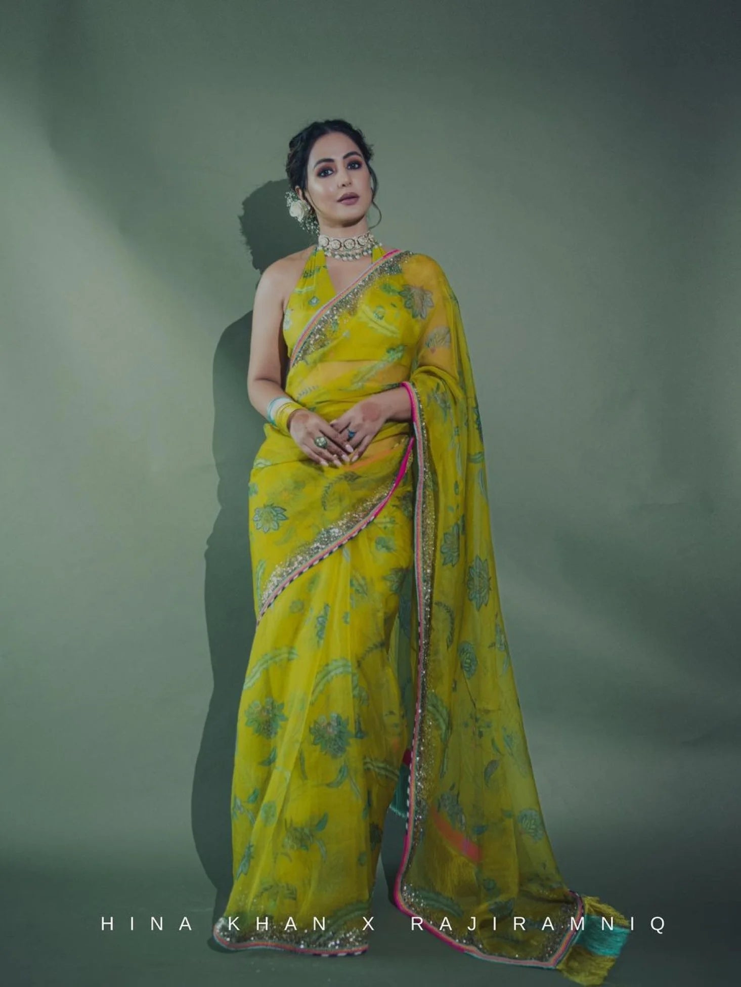 Fariba Lime Yellow Sequin Printed Hina Khan Organza Sari Set