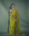 Fariba Lime Yellow Sequin Printed Hina Khan Organza Sari Set