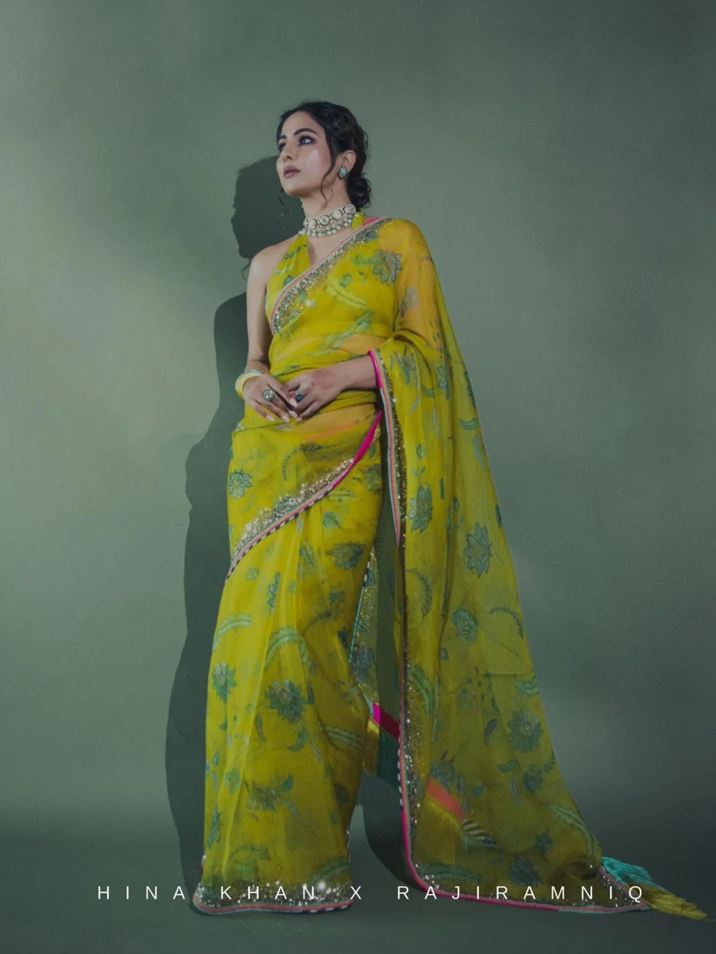 Fariba Lime Yellow Sequin Printed Hina Khan Organza Sari Set