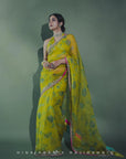Fariba Lime Yellow Sequin Printed Hina Khan Organza Sari Set