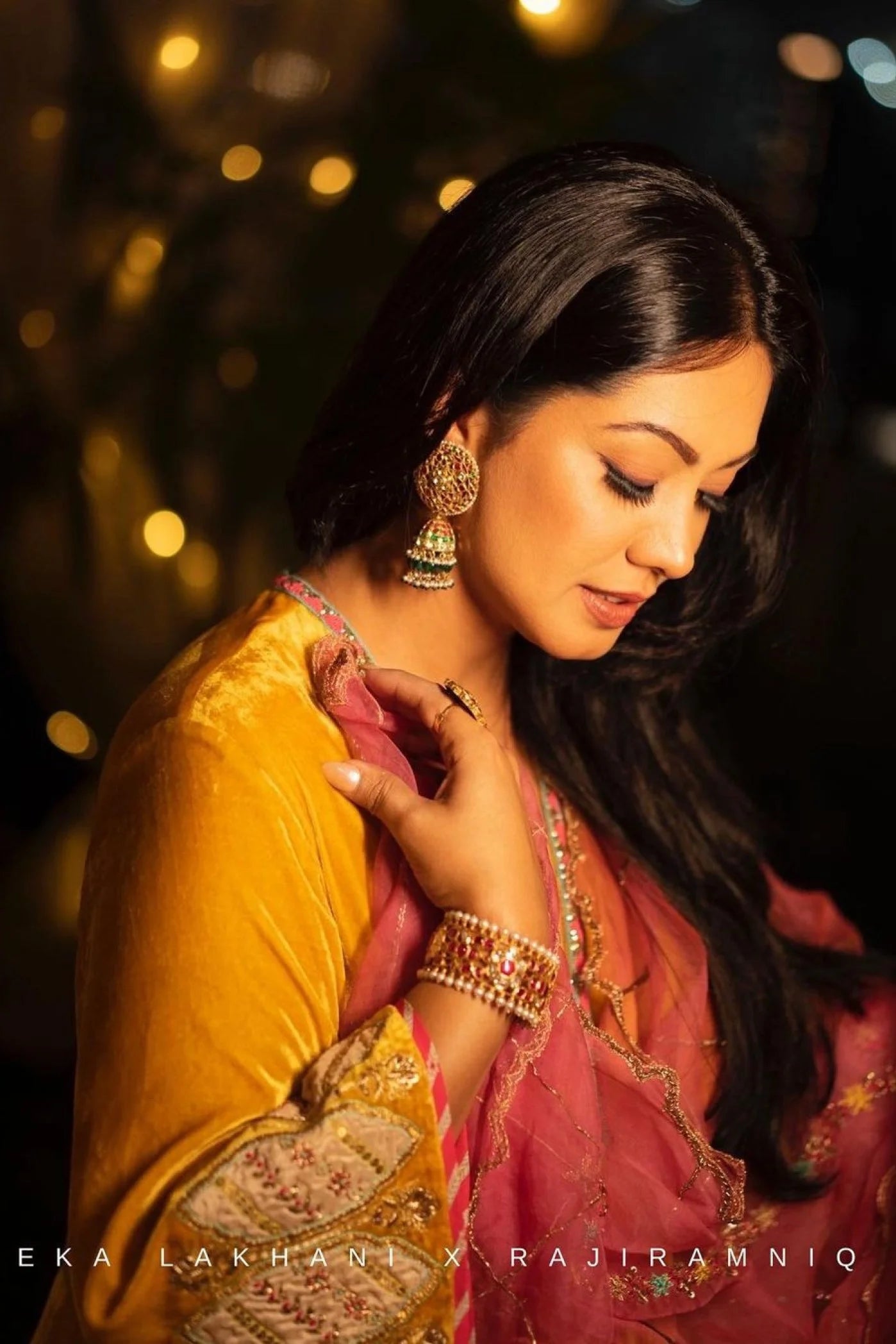 Mustard Yellow Bell Sleeve Silk Velvet Kurta Set