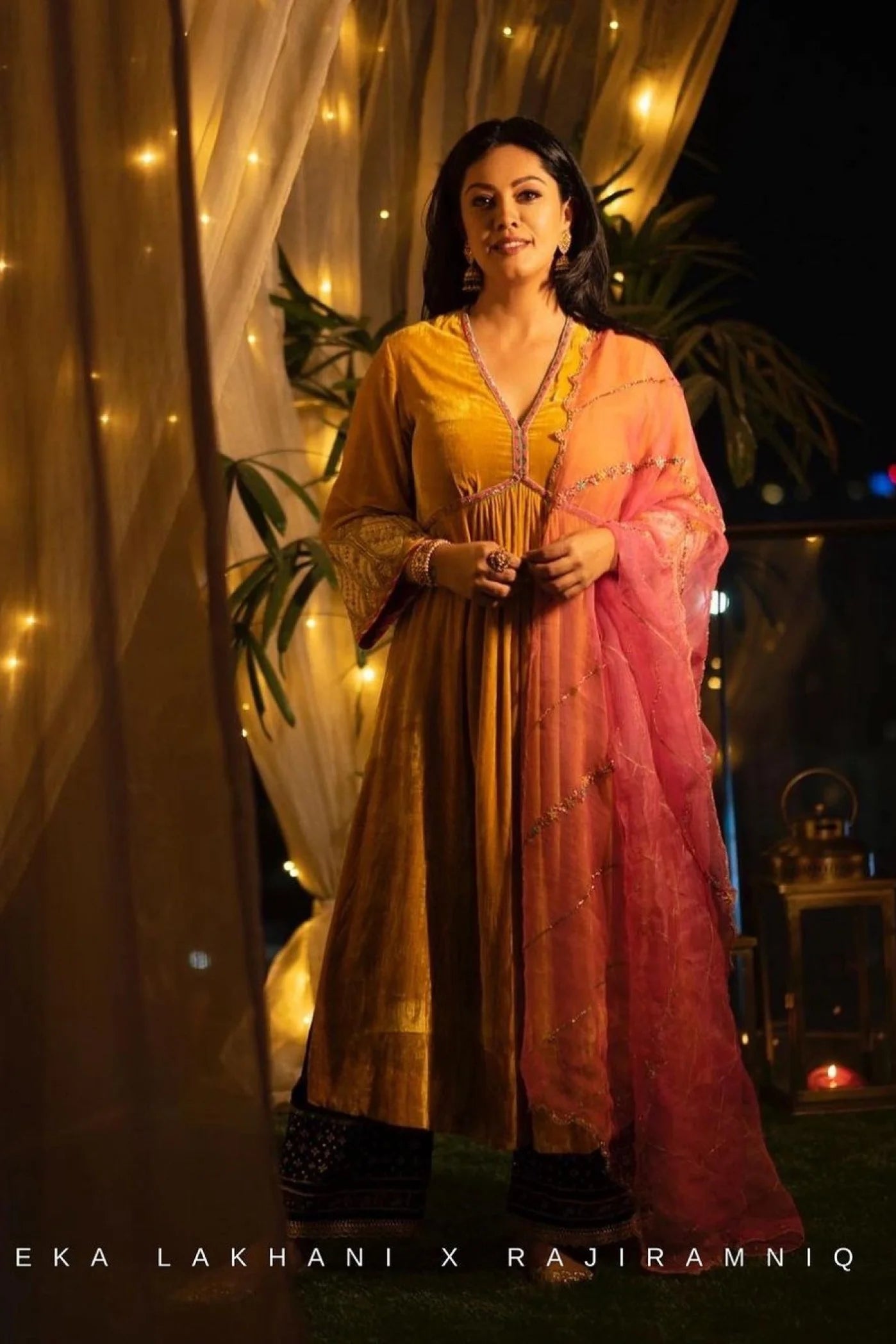 Mustard Yellow Bell Sleeve Eka Lakhani Silk Velvet Kurta Set