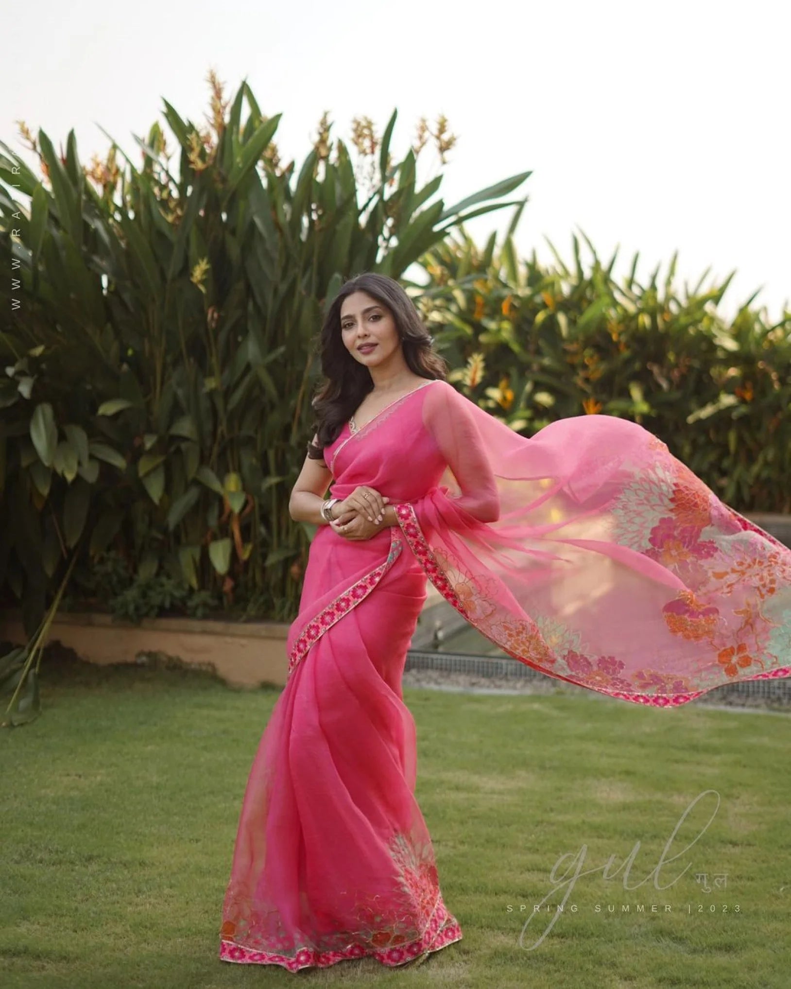 Gul Fushia Rose Pink Aishwariya Lekshmi Floral Printed Organza Sari