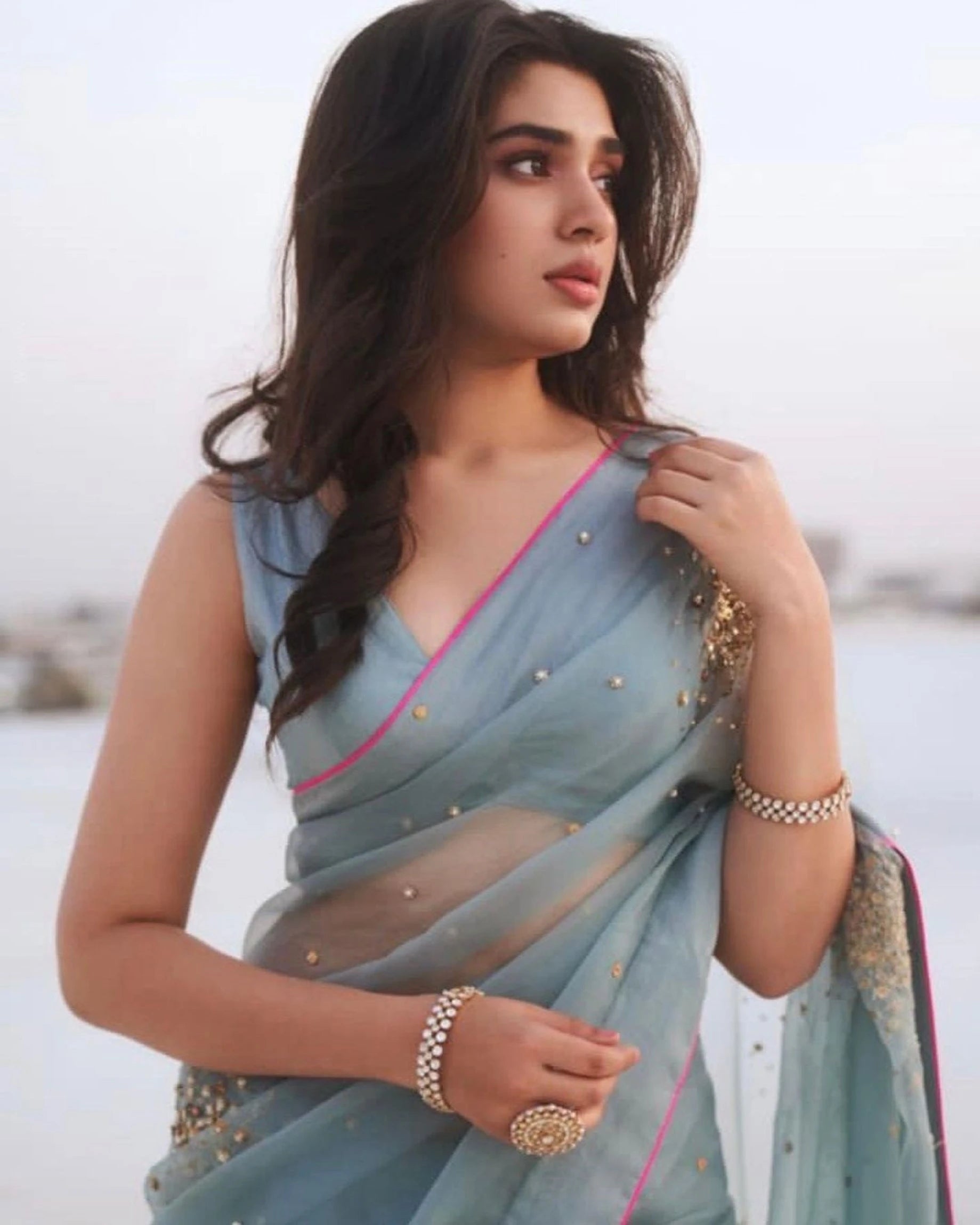Gul Ice Blue Sequin Krithi Shetty Flower Sari