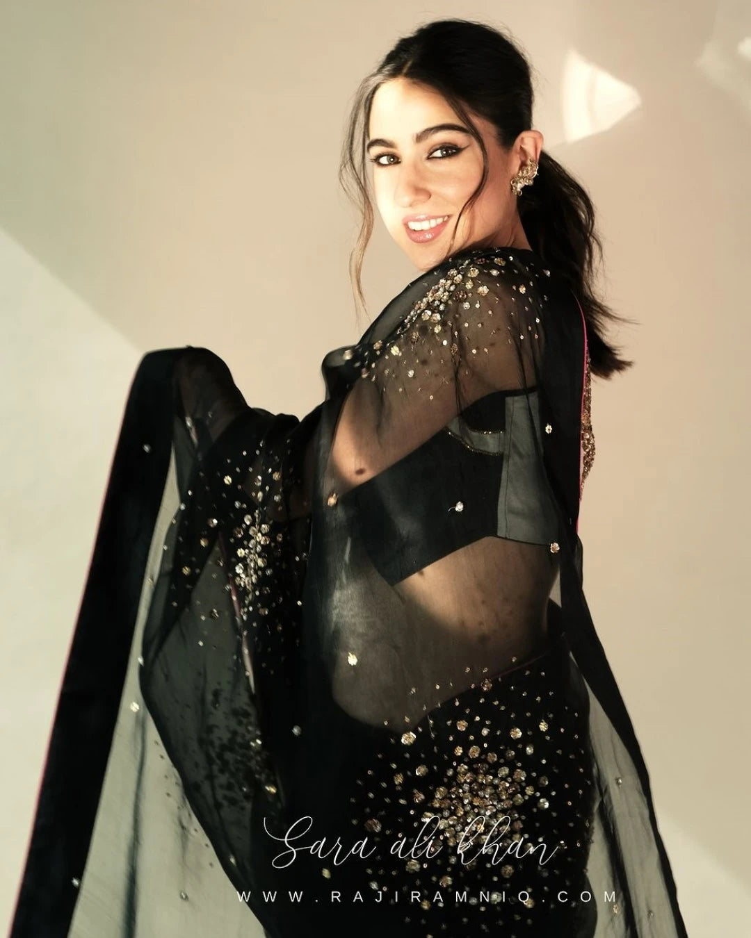 Black Sequin Flower Sara Ali Khan Sari with Waistcoat Blouse