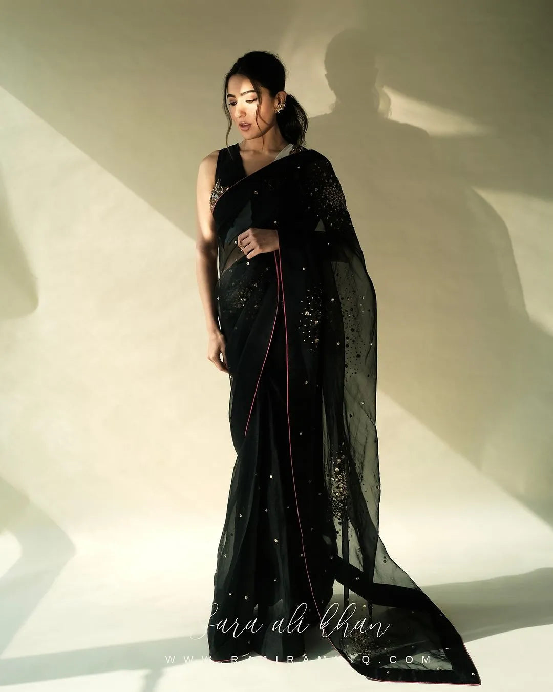 Black Sequin Flower Sara Ali Khan Sari with Waistcoat Blouse