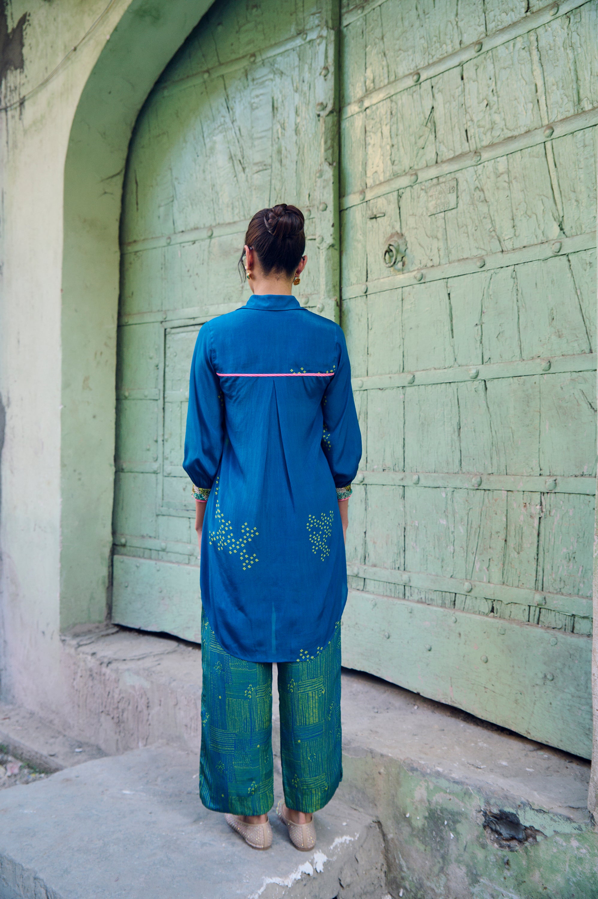 Safar Cuff Embroidered Teal Blue Shirt Co-Ord Set
