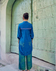 Safar Cuff Embroidered Teal Blue Shirt Co-Ord Set