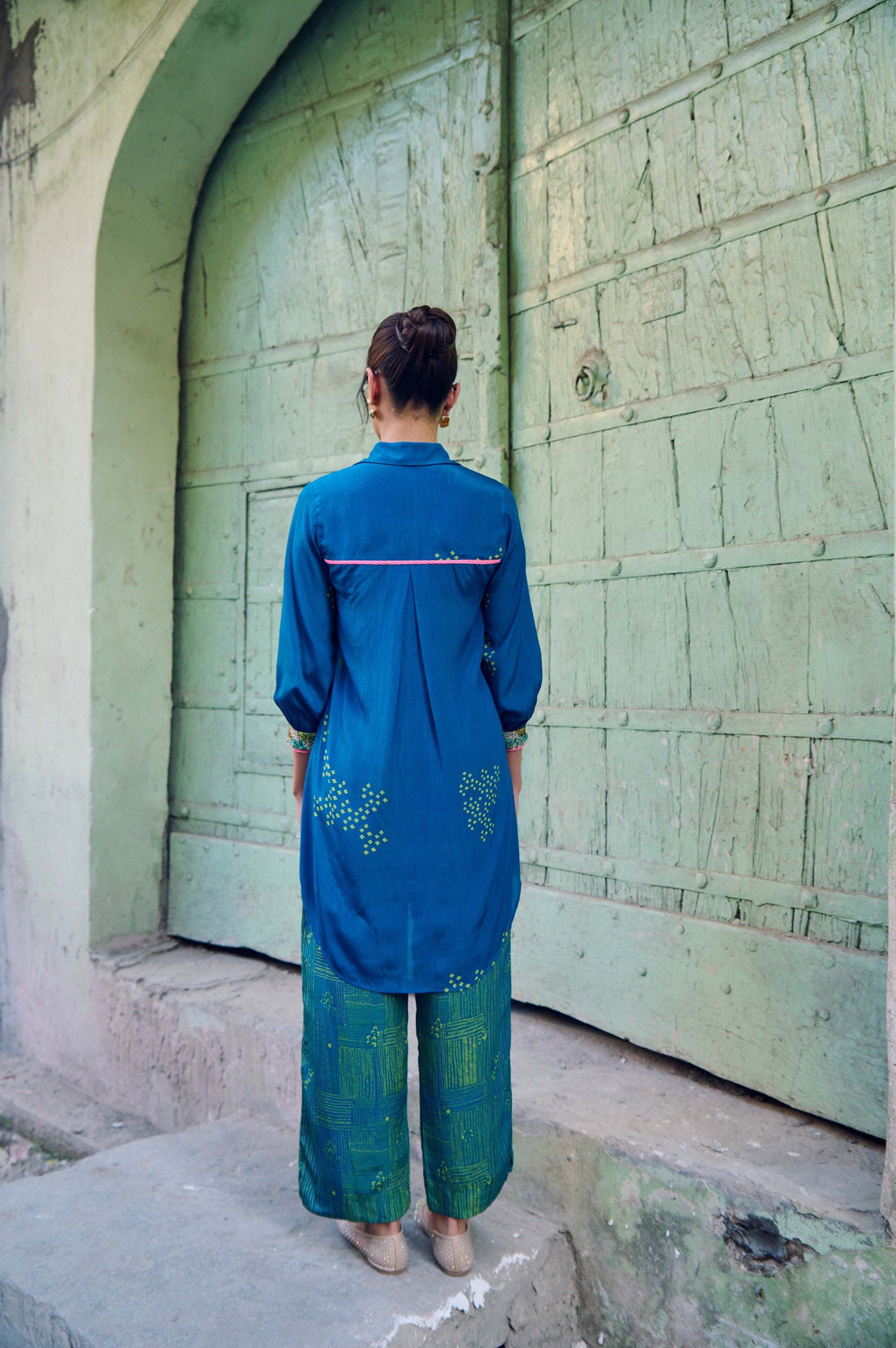 Safar Cuff Embroidered Teal Blue Shirt Co-Ord Set