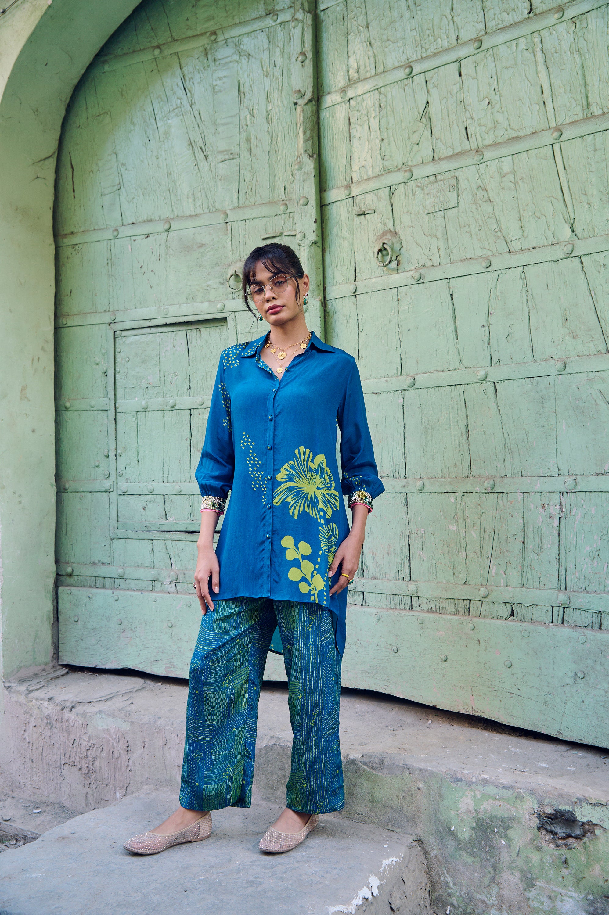 Safar Cuff Embroidered Teal Blue Shirt Co-Ord Set