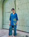 Safar Cuff Embroidered Teal Blue Shirt Co-Ord Set