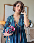Roohi likhde In NILOUFER TEAL-POWDER BLUE STRIPE ALIA CUT KURTA SET