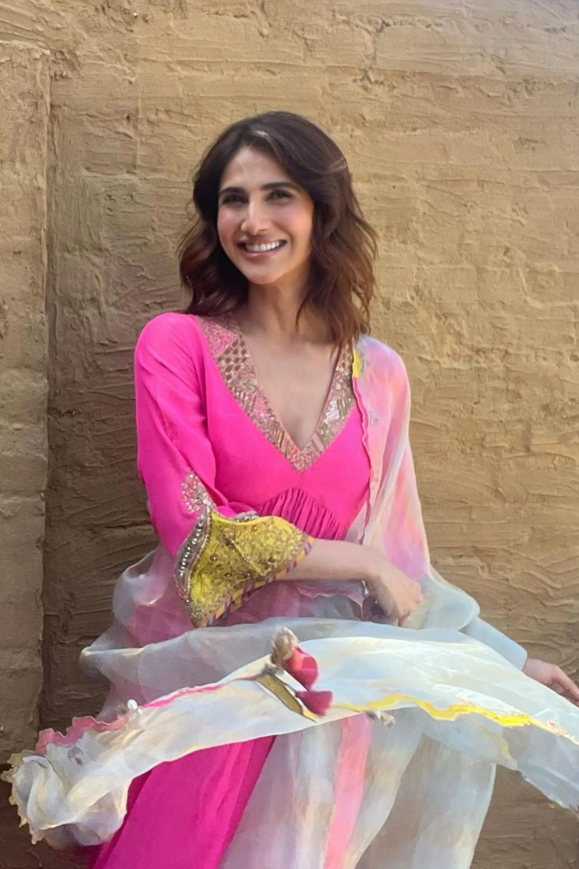 Gul Hot Pink Bell Sleeve Vaani Kapoor Crepe Kurta Set