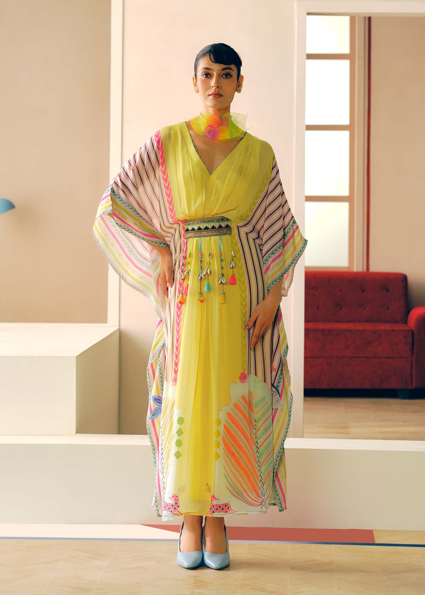 Zyra Sunlit Yellow Printed Crepe Belt Kaftan Dress – Raji Ramniq