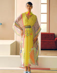 Zyra Sunlit Yellow Printed Crepe Belt Kaftan Dress