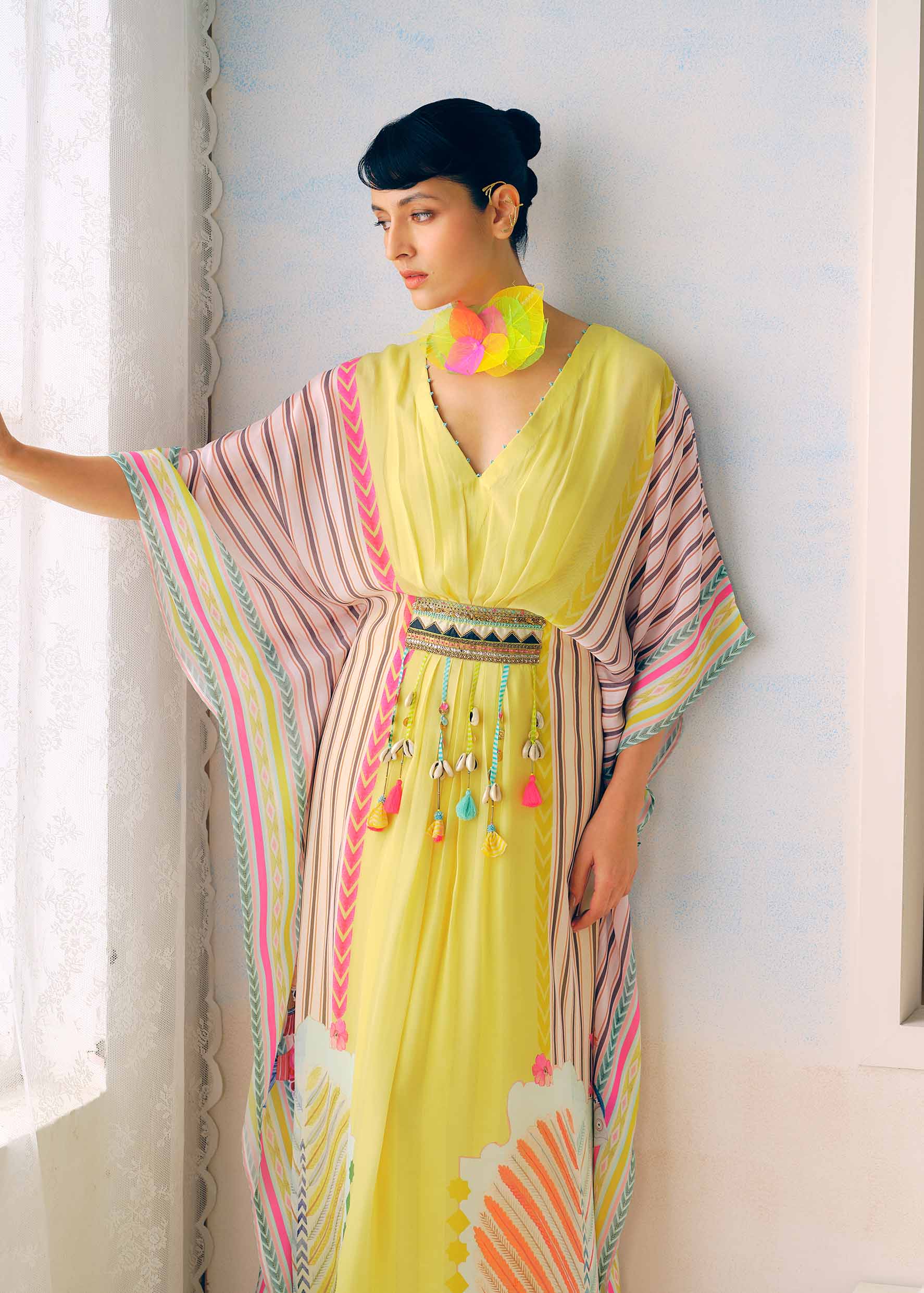 Zyra Sunlit Yellow Printed Crepe Belt Kaftan Dress – Raji Ramniq