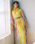 Zyra Sunlit Yellow Printed Crepe Belt Kaftan Dress