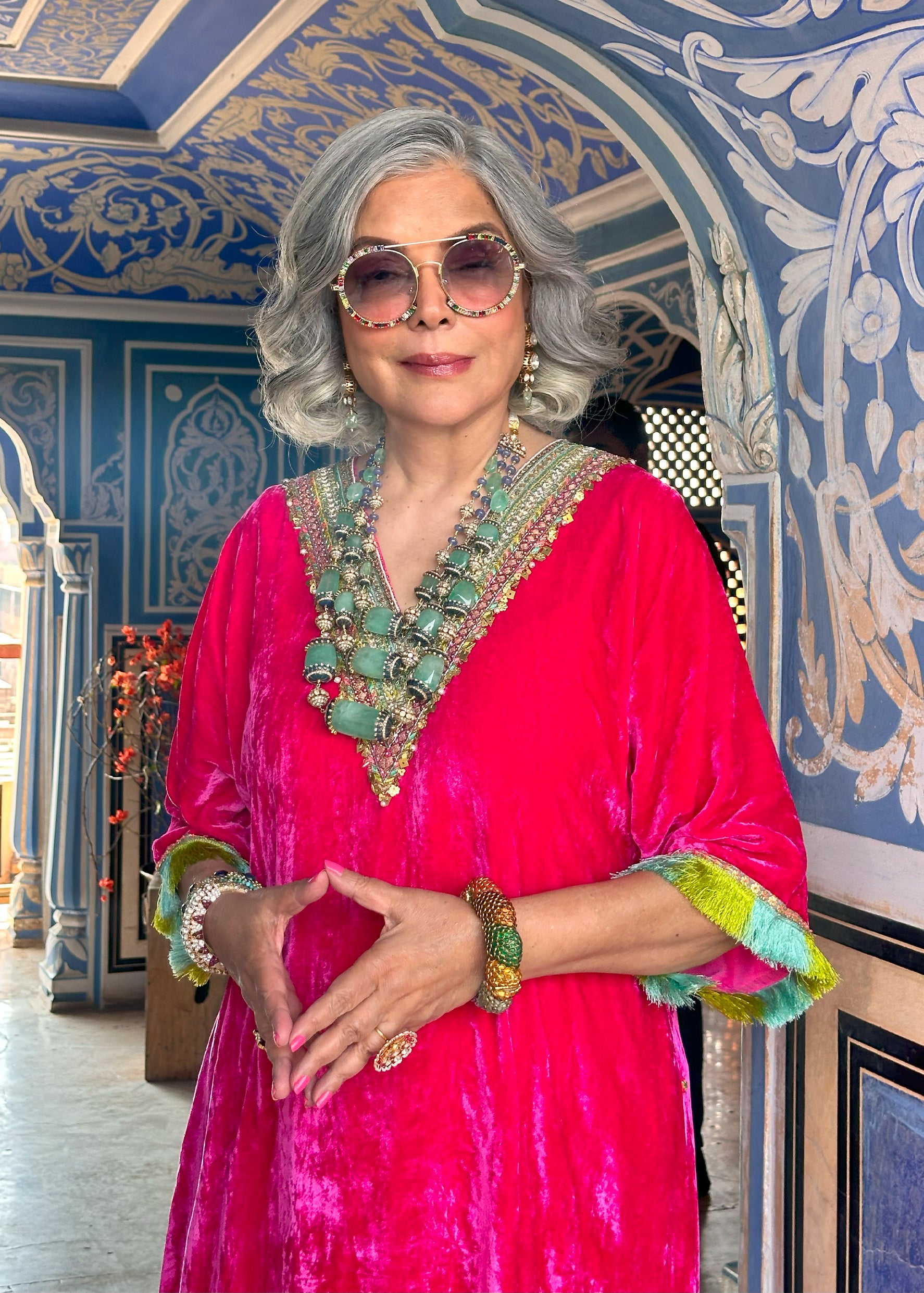 Zeenat Aman Hot Pink Velvet Kaftan Kurta Set