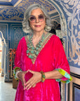 Zenat Aman Hot Pink Velvet Kaftan Kurta Set